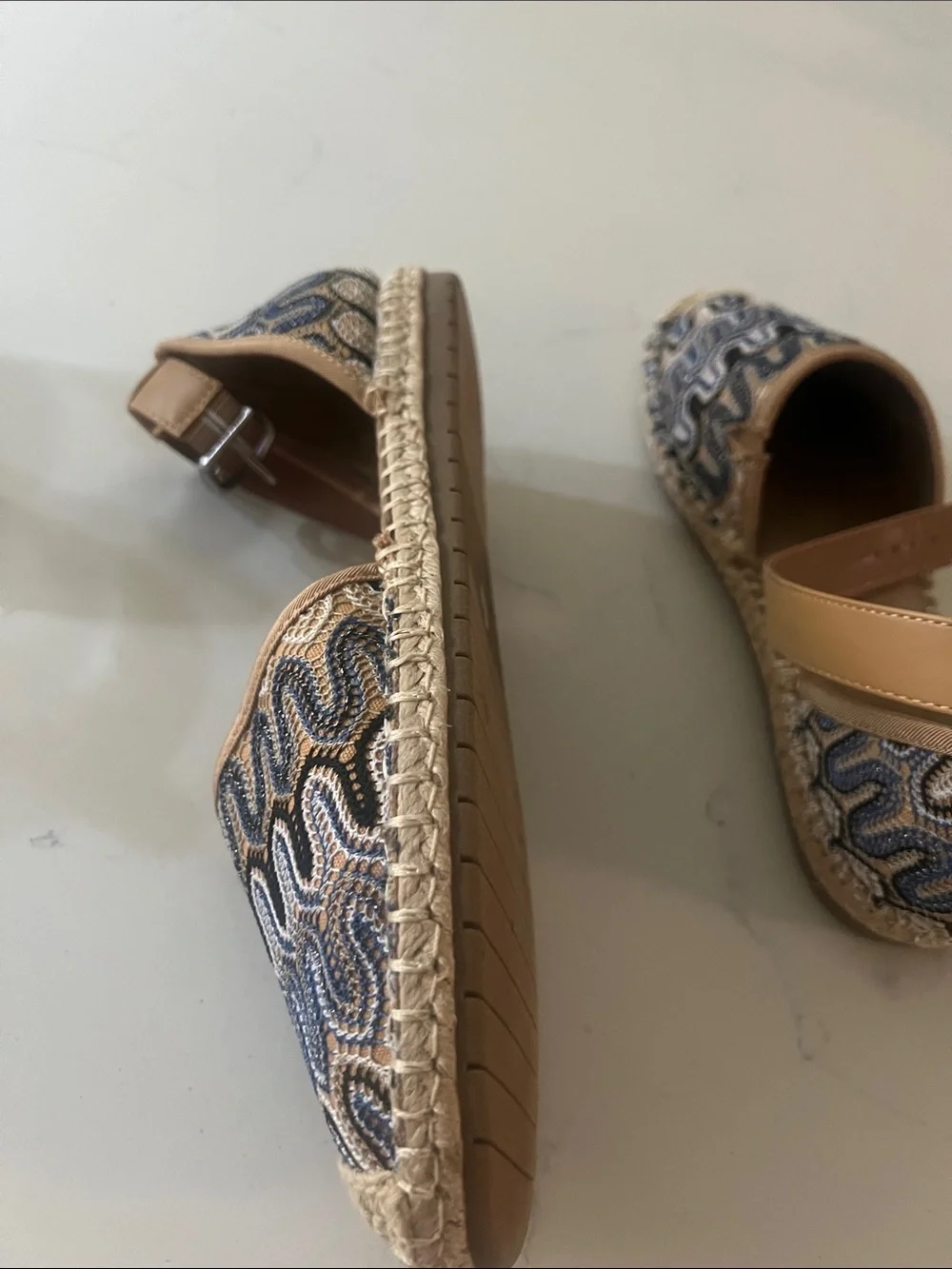 New York & Company Navy and Tan Woven Espadrille Ankle-Strap Flats boho whimsy